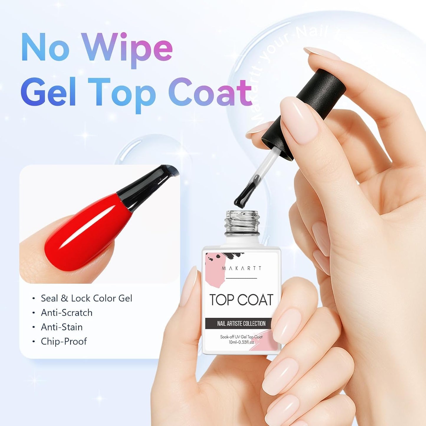 Makartt Gel Top Coat - 2 PCS No Wipe Top Coat Gel Nail Polish High Glossy Shine Finish Long Lasting, 10ML Clear Soak Off UV Nail Lamp, Salon Quality Art Design for Home Use Beauty Gift