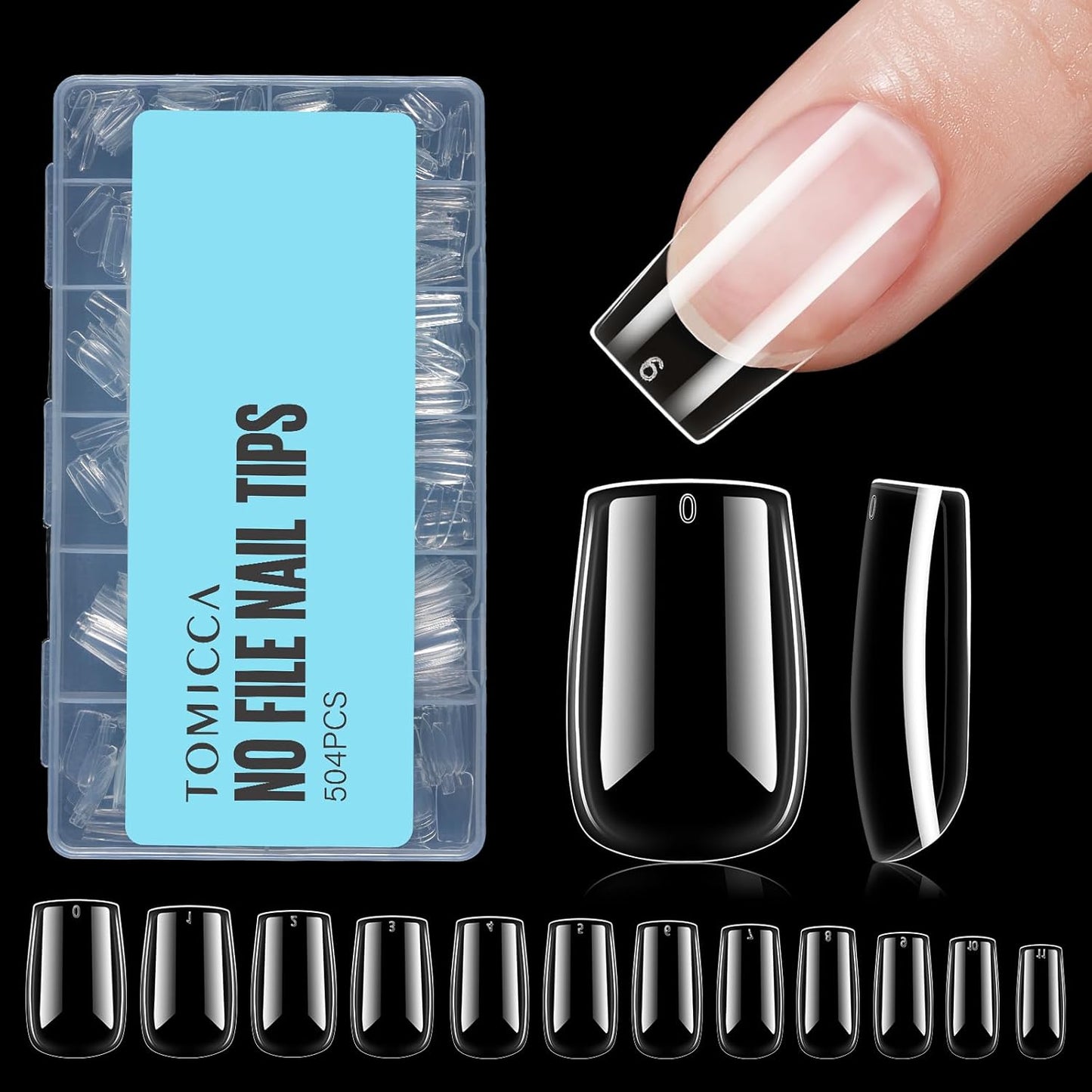 TOMICCA Short Square Nail Tips, 504Pcs Clear Press on Nails Square Full Cover Nail Tips Clear False Press on Nails, Soft Tips for Gel Nail Extension DIY Nail Salon 12 Sizes