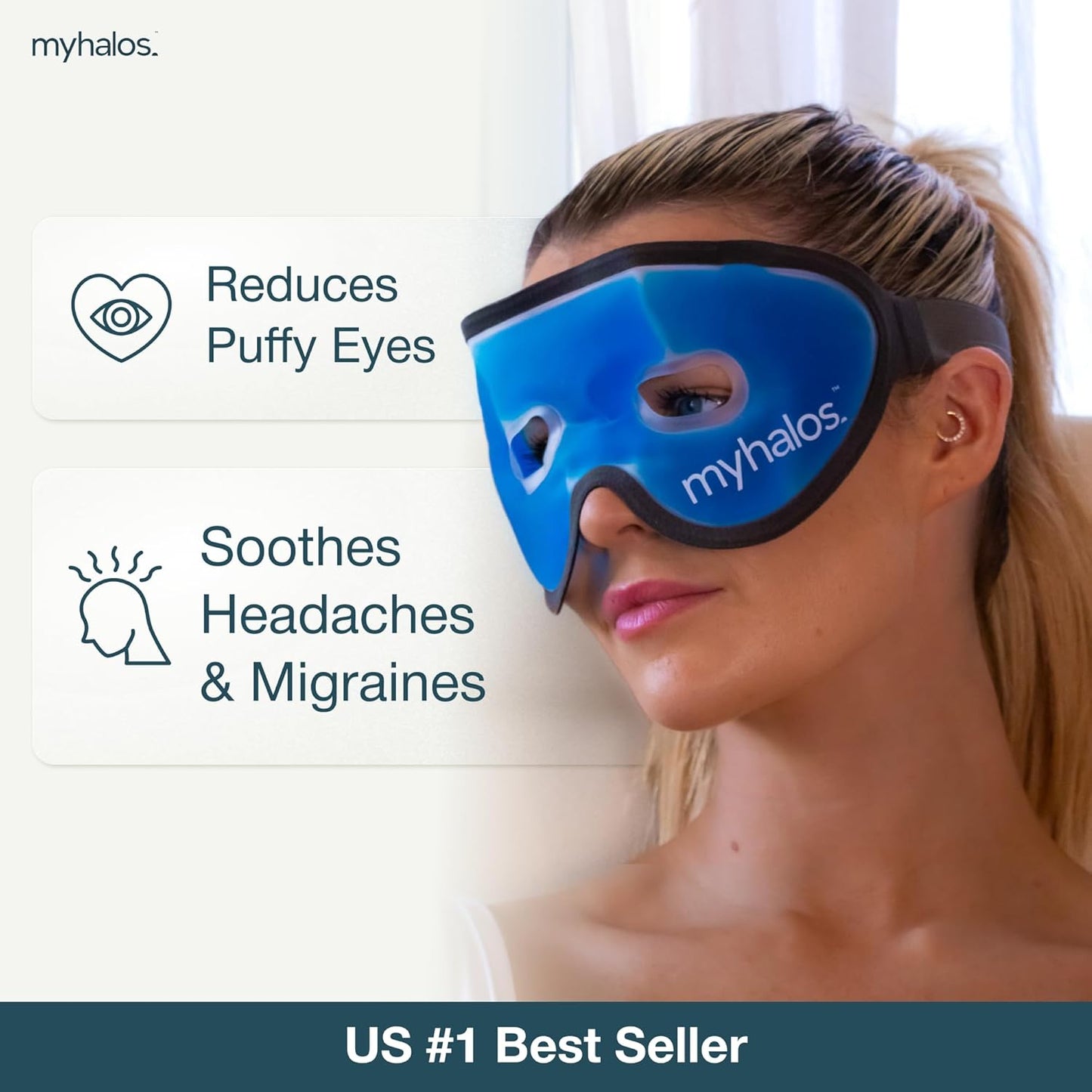 MyHalos Gel Eye Mask - Reusable Cooling Eye Mask with Adjustable Straps - Cold Mask for Puffy Eyes, Dark Circles and Hangovers - Eyes Ice Pack Compress for Sinus, Headaches & Puffiness, Blue (2-Pack)