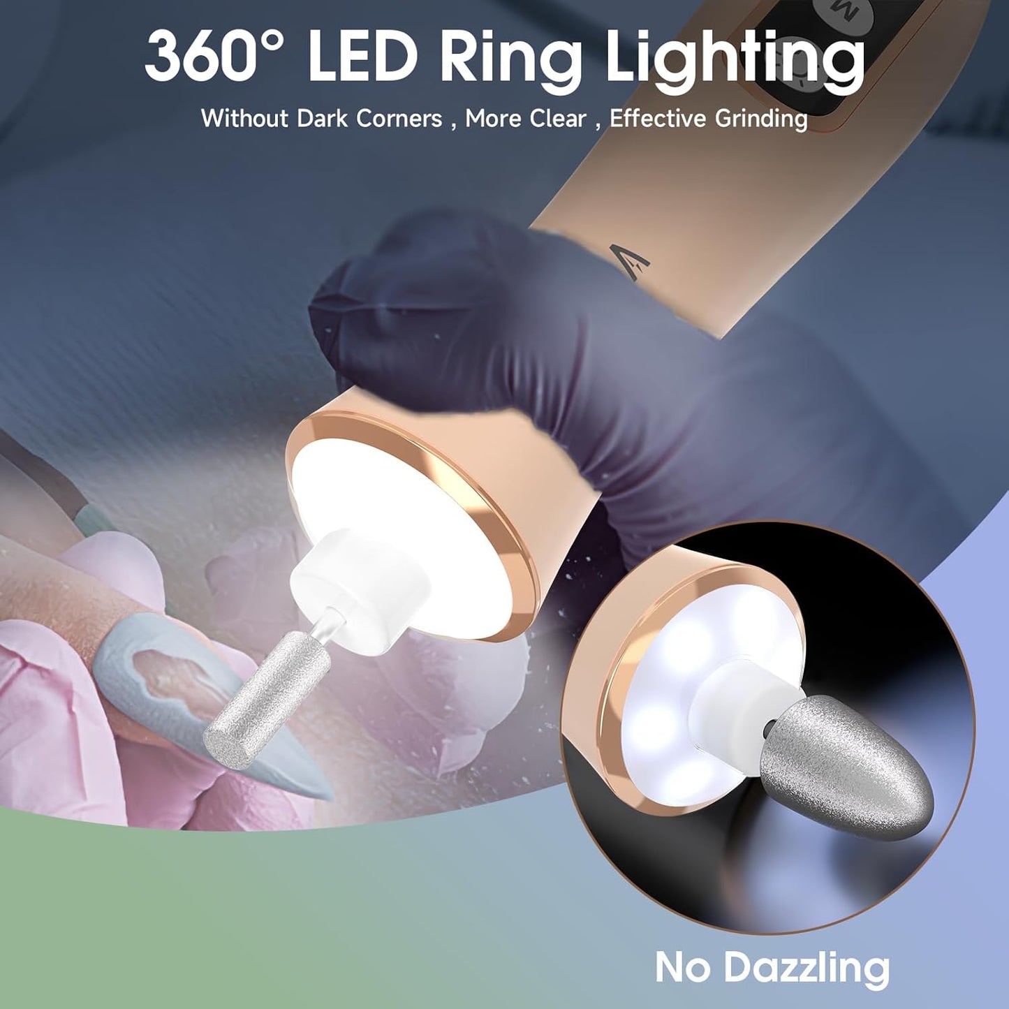 Professional Manicure Pedicure Kit, Cordless Electric Nail Drill with 360° LED Light&10 Speeds&Memory Mode, Pedicure Tools for feet, Hand Foot Care Nail Drill for Thick Nail Toenail Cuticle, Pink