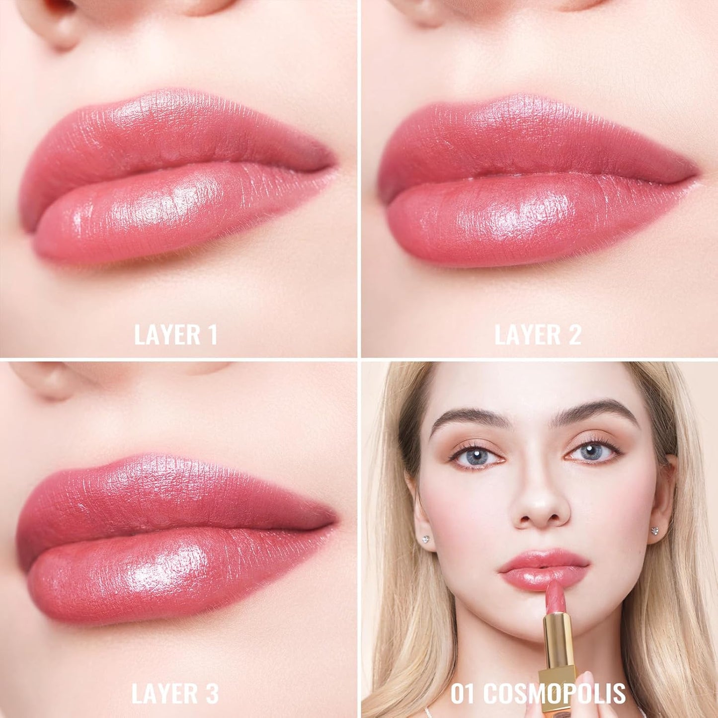 Oulac Pink Lipstick for Women with Metallic 3D Shine Lightweight Hydrating Formula, High Impact Lip Color, Vegan Beauty, Full Coverage Lip Makeup, Christmas Gifts for Women, Cosmopolis(01)