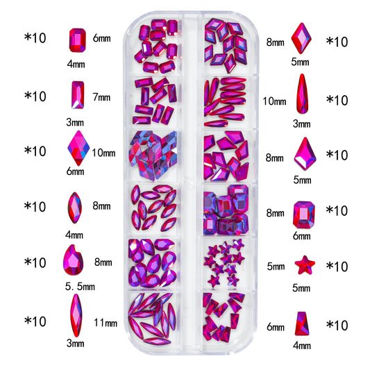 HNUIX Nail Rhinestones - 3D Multi Shape Size, Crystal AB Red Nail Gems, Flat Back, with Kit, for Nail Art, DIY Decorations