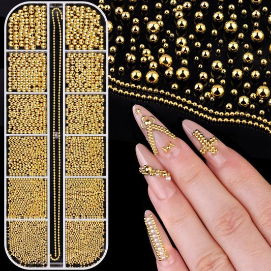 1-3MM Mini Small Nail Beads Metal Caviar Bead Gold Nail Charms and Gems Ball, Nail Chain for Nail Art Accessories Supplies Gold Rhinestones for Women Manicure
