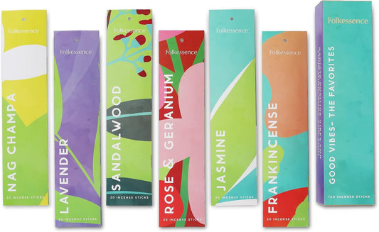 Folkulture Incense Sticks | Set of 6 (120 Non Toxic Insence-Sticks) with 45 Mins Burn Time | Lavender, Frankincense, Rose and Geranium, Jasmine, Sandalwood | Organic Nag Champa Inscents-Sticks