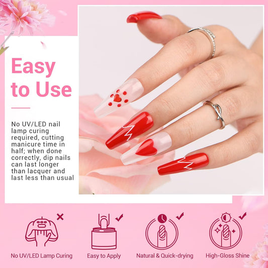 AZUREBEAUTY Dip Nails Powder Starter Kit, 4 Colors Pink Red Black Clear Dipping Powder System Liquid Set Recycling Tray with Base & Top Coat Activator Manicure Kit for Valentine's Day Gift.