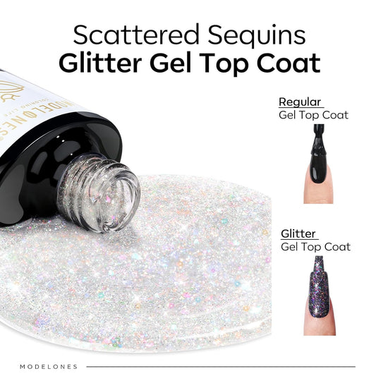 modelones Glitter Gel Nail Polish Top Coat, Rainbow Confetti Gel Top Coat with Scattered Sparkle Shimmer Sequins, Soak Off Long Lasting High Glossy Finish Home Salon DIY Manicure Nail Art 10 ML