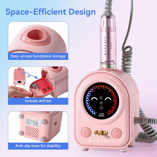 Makartt Electric Nail Drill - Professional 35000RPM E-File Machine Portable Nail Drill Kit with Drill Bits,Cute Compact Efile Salon Use Low Noise Manicure Pedicure for Acrylic Gel Nails Pink
