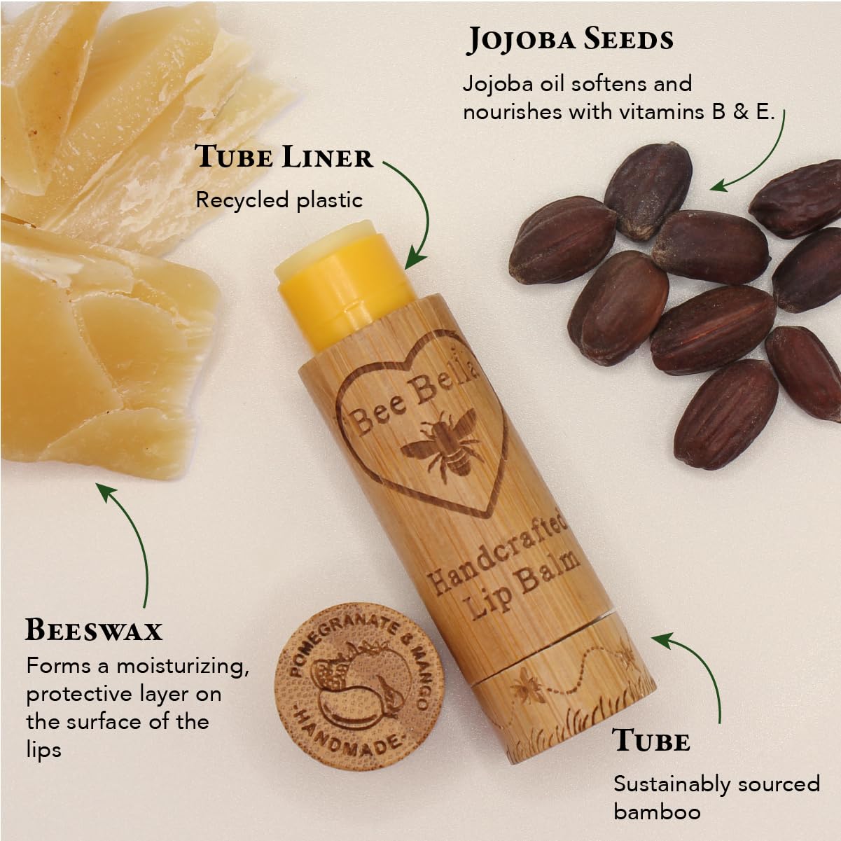 Bee Bella Lip Balm, Pomegranate Mango, 3 Pack - Moisturizing Lip Care, 100% Natural, Original Organic Beeswax with Vitamin E, Handmade in USA