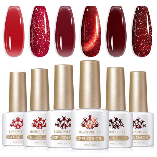 Born Pretty Jelly Burgundy Gel Nail Polish Halloween Ruby Blood Red Glitter Cat Magnetic Eye Gel Nail Polish Cherry Wine Red Gel Polish Collection Soak Off U v Led Gel Nail Kit Minicure DIY Gift 6PCS