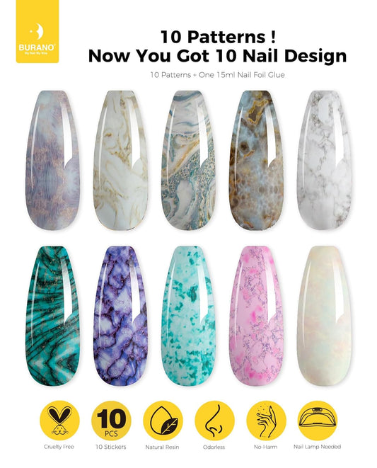 BURANO Nail Art Nail Foil Glue Gel, o.5 oz with 10PCS Foil Stickers Set Nail Foil Glue for Nails Foil Transfer Gel, Nail Design DIY UV LED Lamp Required (Marble Foil 15)