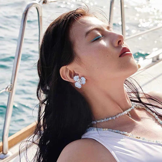 Unique Blue Flower Earrings Studs Vintage Floral Petal Earrings Statement French Blue Iris Flower Earrings Studs Bridal Wedding Prom Earrings Jewelry for Women