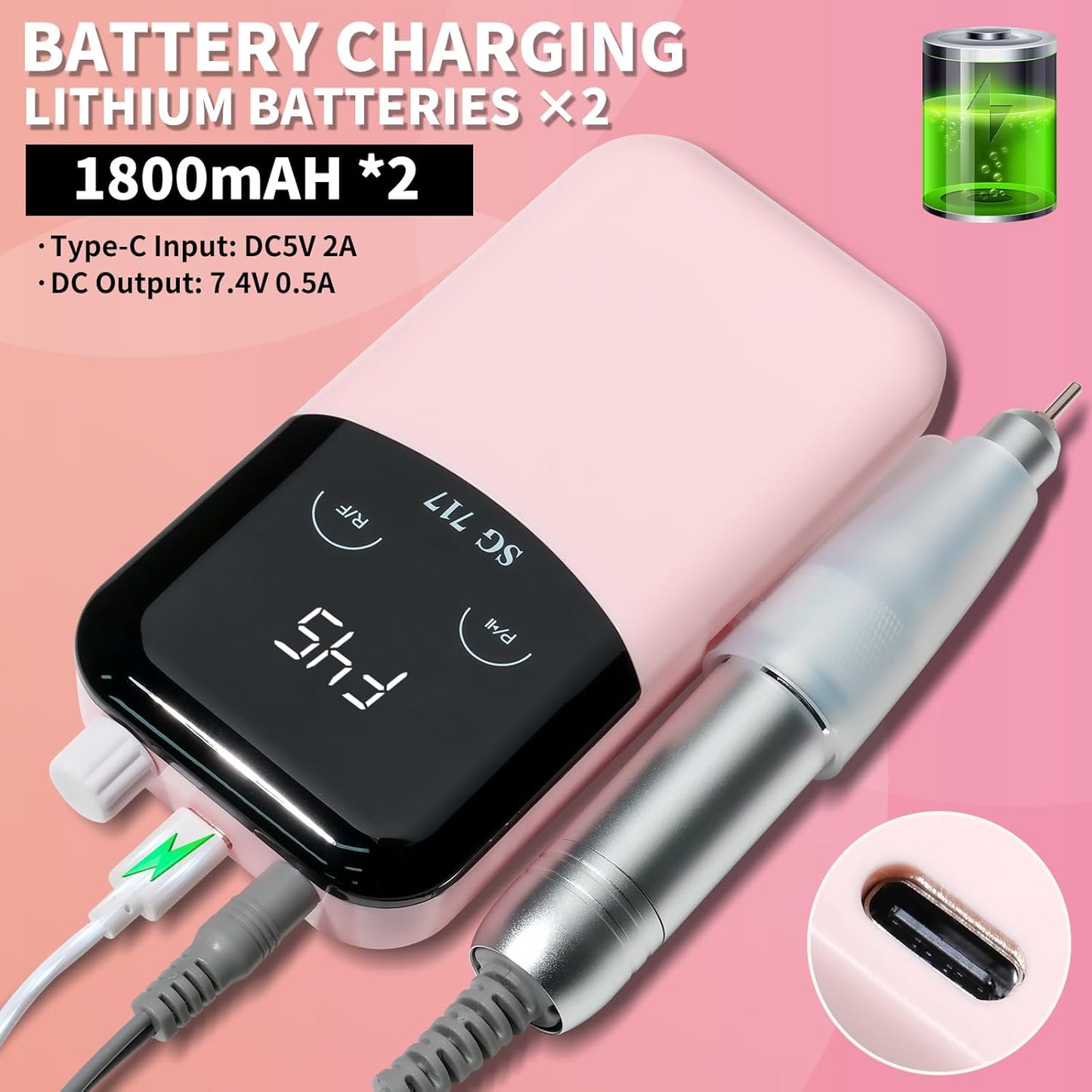 Professional Electric Nail Drill Machine,45000RPM Portable Rechargeable Efile Nail Drill Cordless,Electric Nail File Kit for Women (Pink)