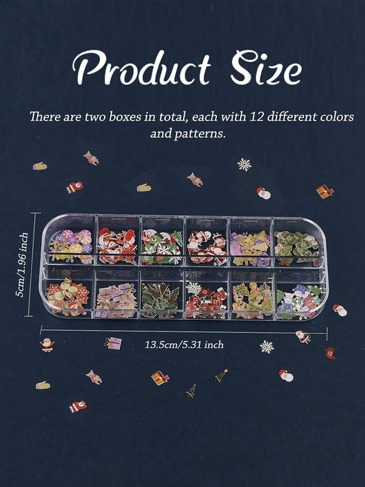 Kalolary 2 Boxes Christmas Nail Art Sequins Sticker, 3D Santa Claus Snowflake Elk Decals for Acrylic Nails, Christmas Tree Wood Pulp Glitter Flakes for Winter Nail Art Decorations