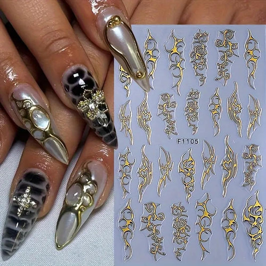 4 Sheets Goth Nail Stickers for Nail Art 3D Punk Style Black Belt Nail Art Stickers Gold Silver Flame Lines Nail Decals Self-Adhesive Centipede Thorn Vine Curves, Swords, Scorpion Patterns for Women