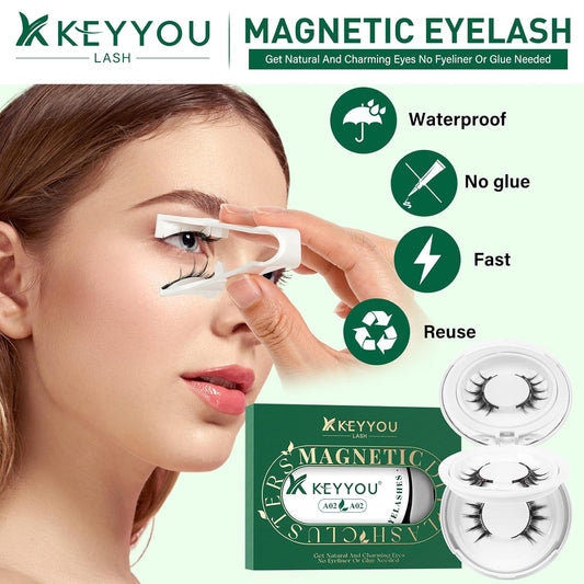 KEYYOU Reusable Magnetic Eyelashes 2 Pair with Applicator No Glue Needed 3D Natural Magnetic Lashes, Easy to Apply & Long Lasting for Daily Use & Events(A02+A02)