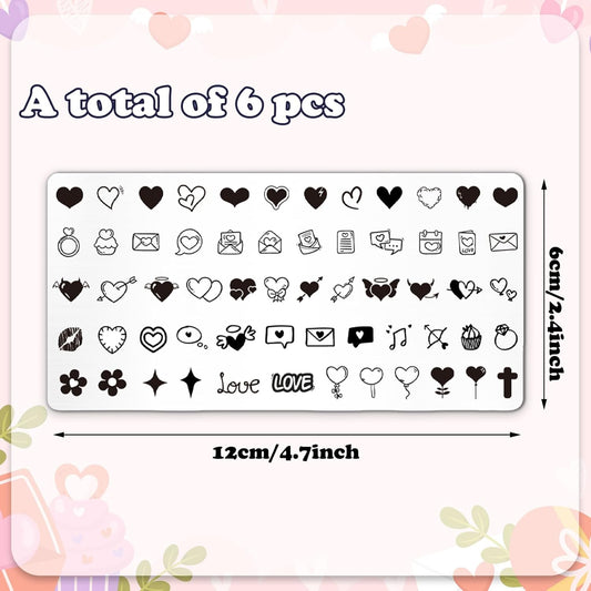 Whaline 6Pcs Happy Valentine Nail Plates Stamping Set Love Heart Stamp Templates Nail Art Plates for DIY Print Manicure Salon Design