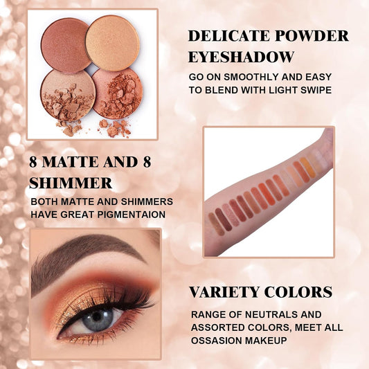 Rechoo 16 Colors Eyeshadow Make-up Palette Neked, Nude Brown Color Matte Shimmer Eye Shadow, High-Pigmented Eyeshadow Neutral, Long-lasting Powder Eyeshadow Palette for Daily and Smokey Make-up