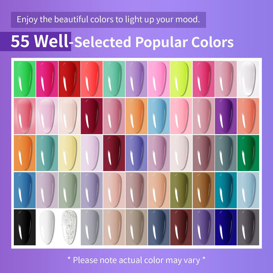 JODSONE 60 Bottles of Gel Nail Polish Kit with U V Light 55 Kinds of Gorgeous and Charming Gel Polish Kit 5 Pieces Soak off Glossy Matte Top Coat Base Coat