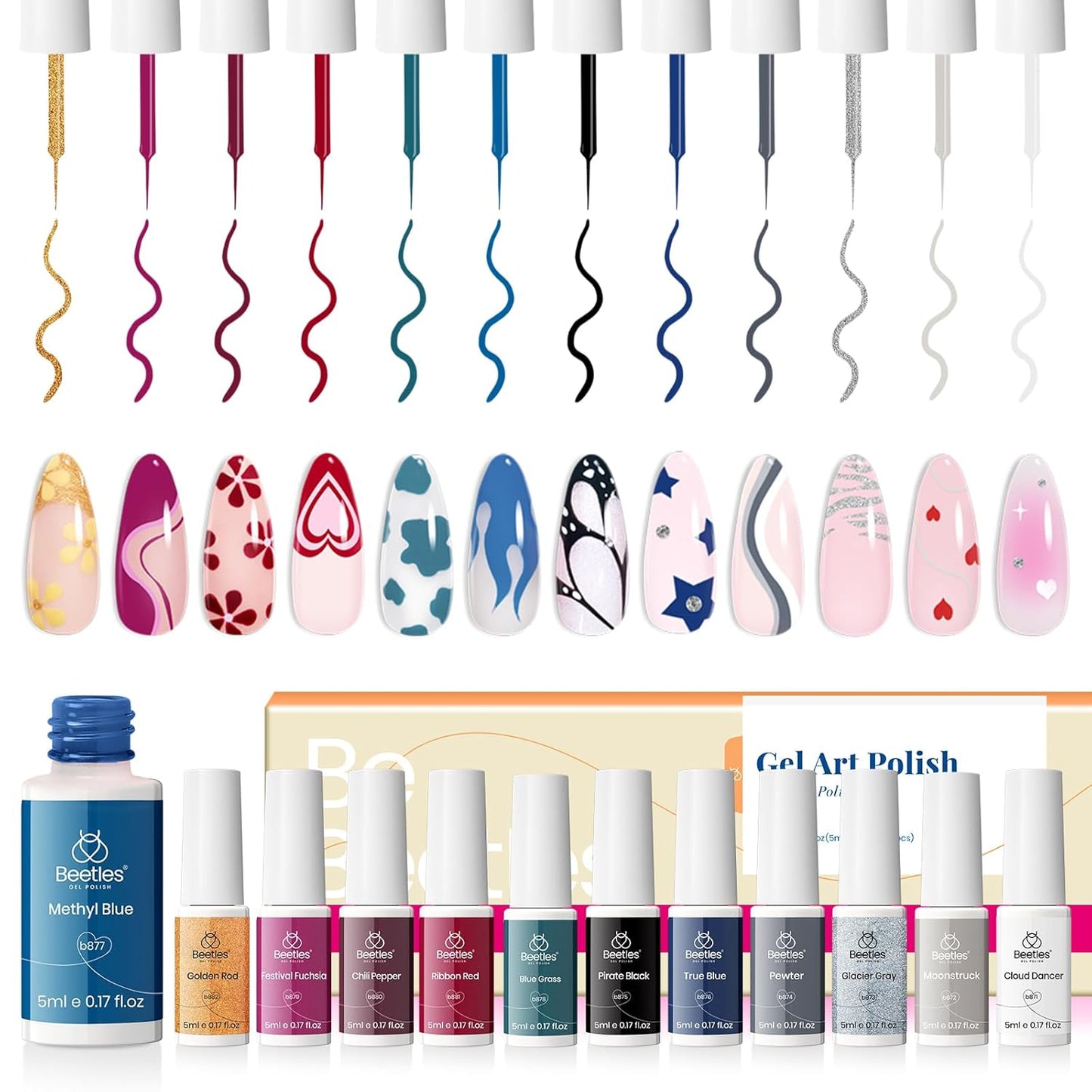 beetles Nail Art Polish-12 Colors Gel Liner Nail Polish Set Pink Blue Red Green White Gold Liner Gel Polish Gel Nail Polish Soak Off Uv Led Lamp Manicure Gifts for Women