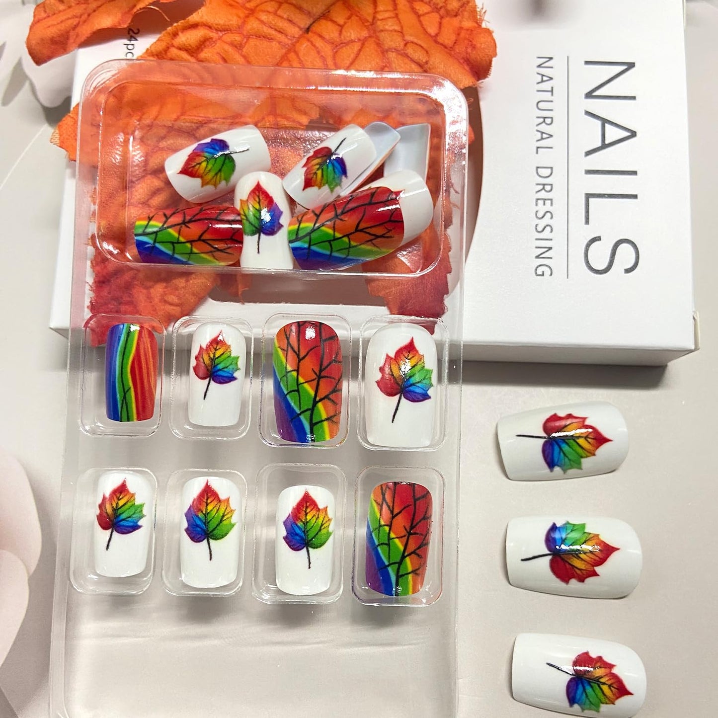 Rainbow Maple Leaf Press on Nails Fall Medium Square Fake Nails Glossy Thanksgiving Acrylic Glue on Nail Autumn Maple Leaves Artificial Stick on Nail for Women DIY Manicure