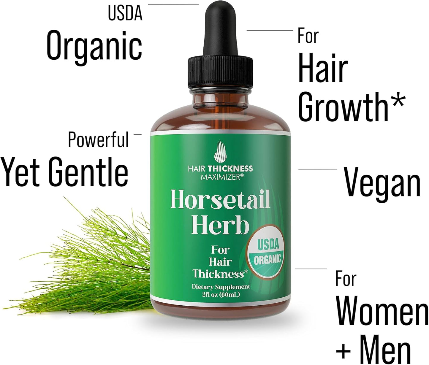 USDA Organic Horsetail Herb Liquid Drops for Hair Growth, Thickening. Vegan, Pleasant Tasting Supplement with Horsetail. Zero Sugar, Alcohol Free Hair Vitamins for Women and Men