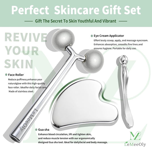 Gua Sha Facial Tools Stainless Steel & Face Roller Massager Skin, Facial Massage Skin Care for Face Neck Body, Reduce Puffiness Remove Wrinkles, Valentines Gift for Women