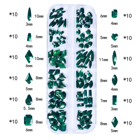HNUIX Nail Rhinestones - 3D Multi Shape Size, Emerald Green Nail Gems, Flat Back, with Kit, for Nail Art, DIY Decorations