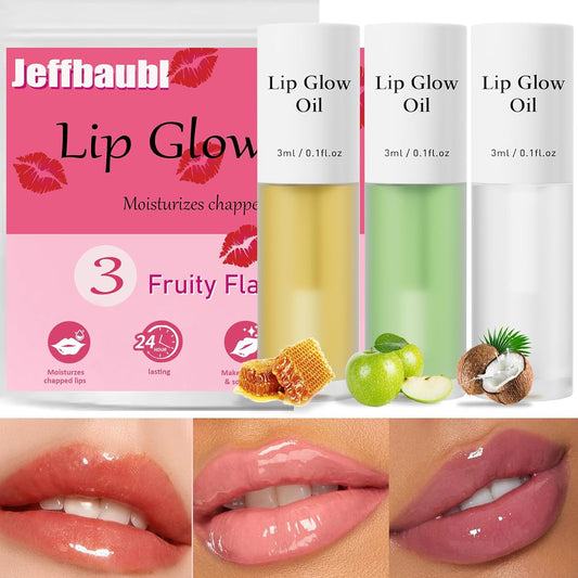 Hellokiss 3Pcs Lip Glow Oil,Moisturizing Lip Plumper Gloss,3 Fruit Flavoured Lip Balm Lip Care,Clear Plumping Lip Gloss,Non-Sticky Long Lasting Hydrating Lip Oil(Honey,Green Apple,Coconut)