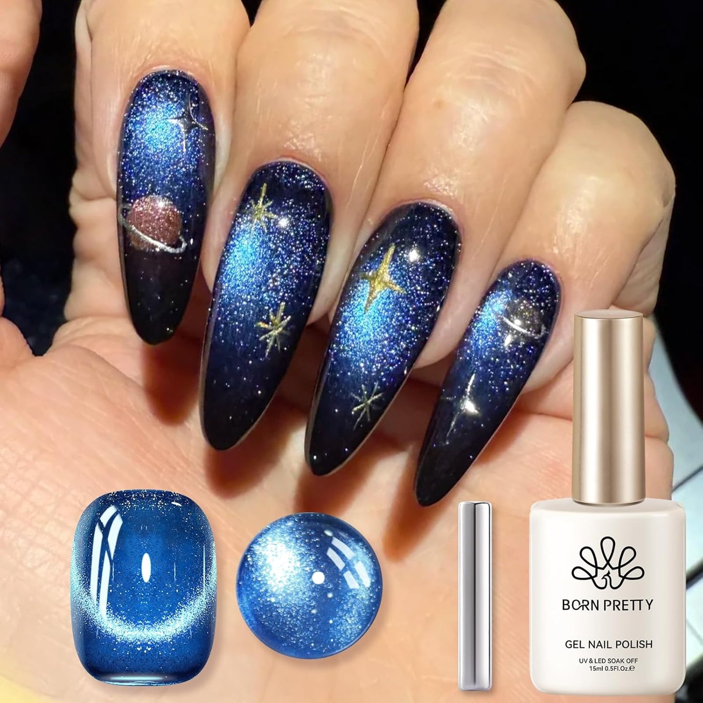 Born Pretty Cat Magnetic Eye Gel Nail Polish, Royal Blue Glitter Cat Magnetic Gel Nail Polish, Holographic Magnetic Nail Polish for Nail Art Manicure Salon DIY at Home 15ML