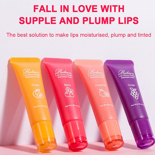Lip Glowy Balm,4 Pack Fruit Glowy Lip Balm,Vitamin E Lip Glowy Balm Set Reduce Lip Lines, Enhance Lip Color,Moisturizing & Plump Quickly Replenishing Moisture and Relieving Dry Lips
