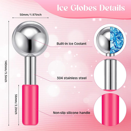 Baderke 2 Pcs Ice Globes for Face Stainless Steel Cooling Globes Unbreakable Cooling Roller Women Ice Balls Cryo Sticks Face Skin Care for Dark Circles, Puffiness(Silver (pink Handle))