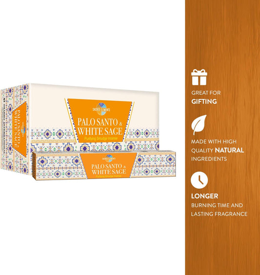 Sacred Elements Palo Santo Incense Sticks – 12 Boxes (100+ Hand-Rolled Sticks) – Indian Masala Incense with Authentic Peruvian Wood – for Meditation, Cleansing & Energy Protection.