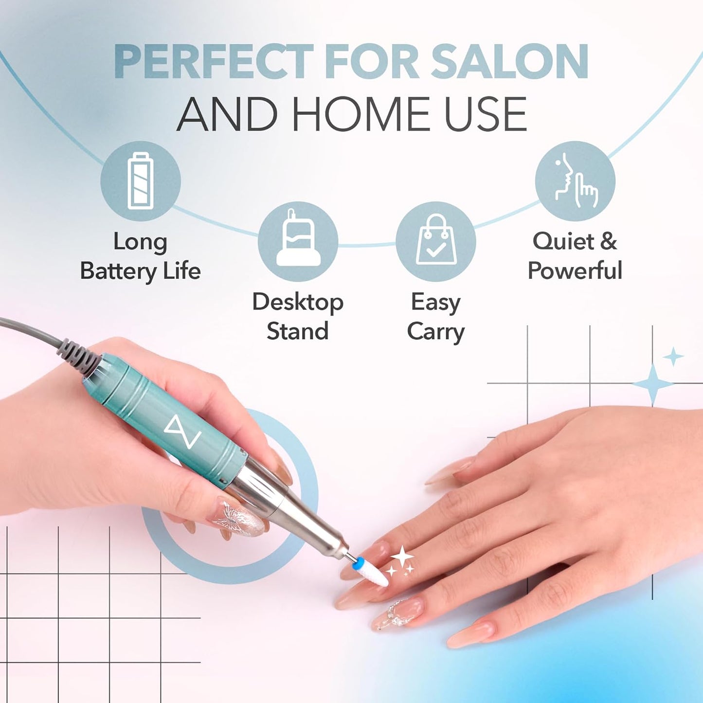 M Mase- Professional Nail Drill Machine - Coreless 2-in-1 Nail File - Electric, Cordless, 35000 RPM, HD Display - Electric Nail Drill for Professional & Home Use (Teal)