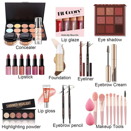 All-in-one Holiday Make up Gift Set | Makeup Kit for Women Full Kit Essential Starter Bundle Include Eyeshadow Palette Lipstick Blush Foundation Concealer Face Powder Mascara Lipgloss Brush