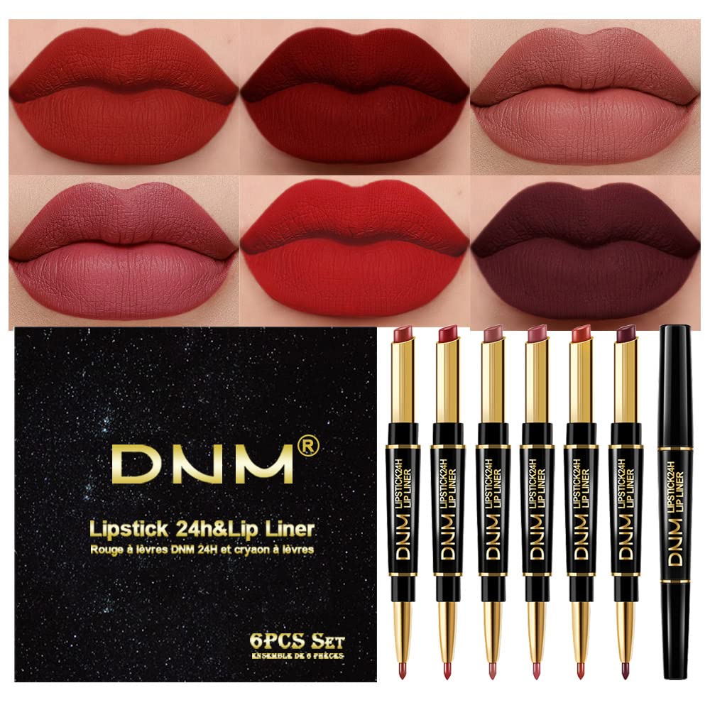 evpct 6Pcs Red Lip Liner and Lipstick Lip Stain Crayon Gift Set for Women Dark Deep Red Nude Long Lasting 24 Hour Matte Color Stay Lipstick with Lip Liner Set labiales mate 24 horas originales