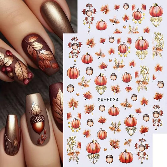 2 Sheets Fall Nail Stickers Autumn Maple Leaf Nail Art Stickers 3D Self Adhesive Maple Leaves Nails Decals for Nails Art Thanksgiving Day Nail Decoration Pumpkin Cute Manicure Supplies for Women