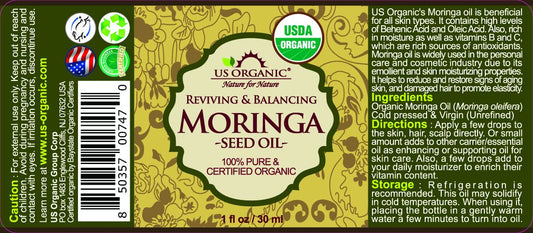US Organic Moringa Oil, USDA Certified 100% Pure, Cold Pressed & Unrefined Non GMO, Vegan Oil, Natural Moisturizer for Skin, Face, Body, Hair, Good for Hair Growth, Fine Lines, Wrinkles (1 oz (30 ml))