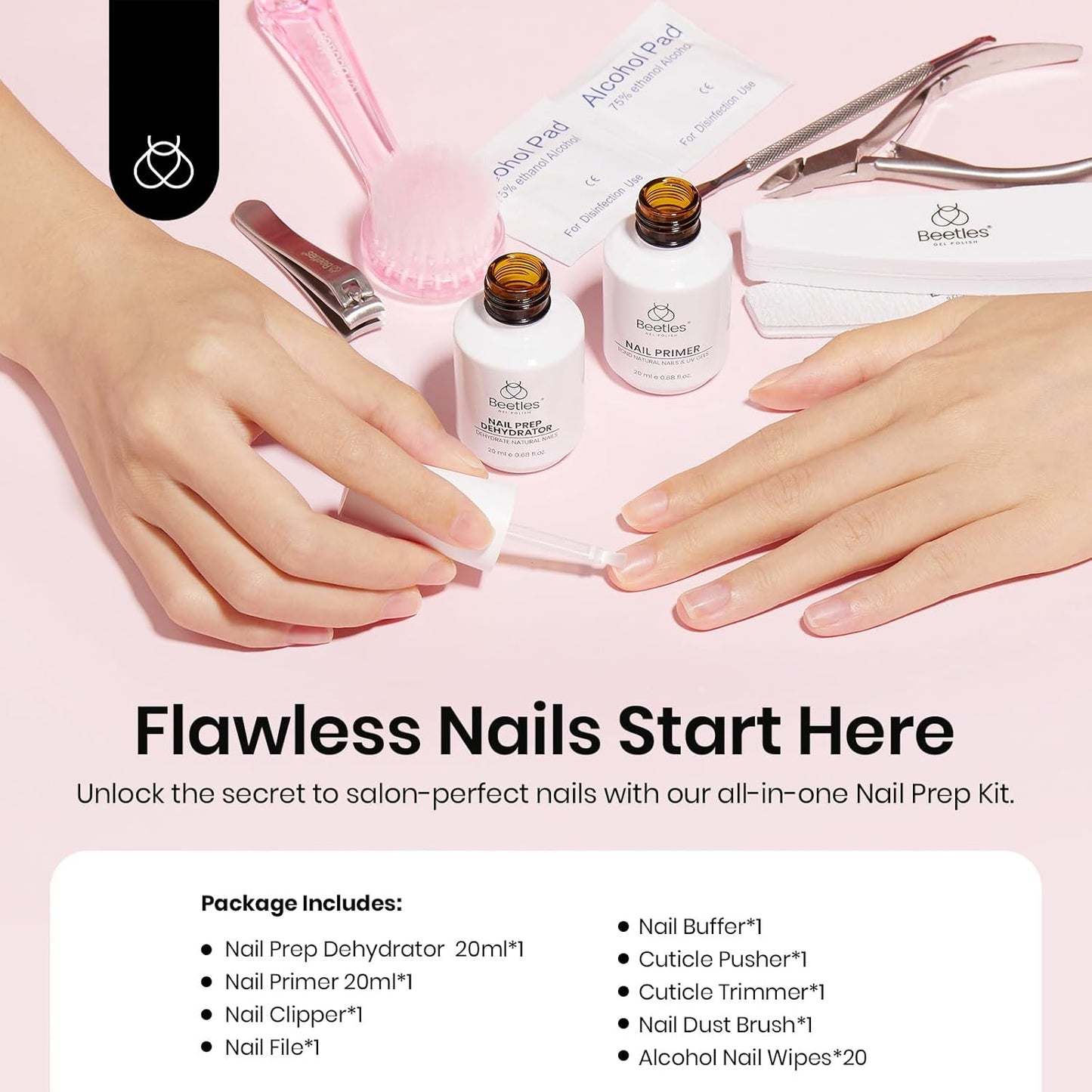 Beetles Nail Prep Kit Nail Dehydrator and Primer Nail Care Tool Kit 20ml Large Capacity Acid-Free & Hema-Free Dehydrate Bond Primer with Manicure Tools for Acrylic Nail Gifts for Women