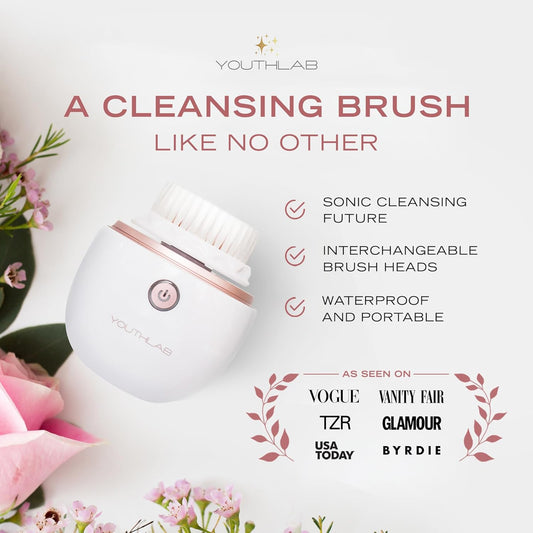 YouthLab Pure Radiance, Vibrating Facial Cleansing Brush, Electric, 3 Modes, 3 Brush Heads (2 Bristle,1 Silicone), Waterproof, Rechargeable, Smart Timer, Exfoliating, Massage (Rose Gold)