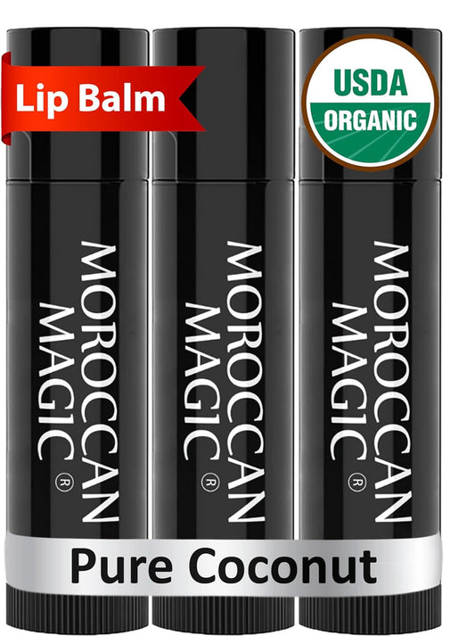 Moroccan Magic Organic Pure Coconut Lip Balm 3 Pack | Ultra-Hydrating Argan & Essential Oil Lip Moisturizer + Vitamin E | Natural Chapsticks for Dry Lips | Smooth, Non-Toxic | Organic Lip Balm Set