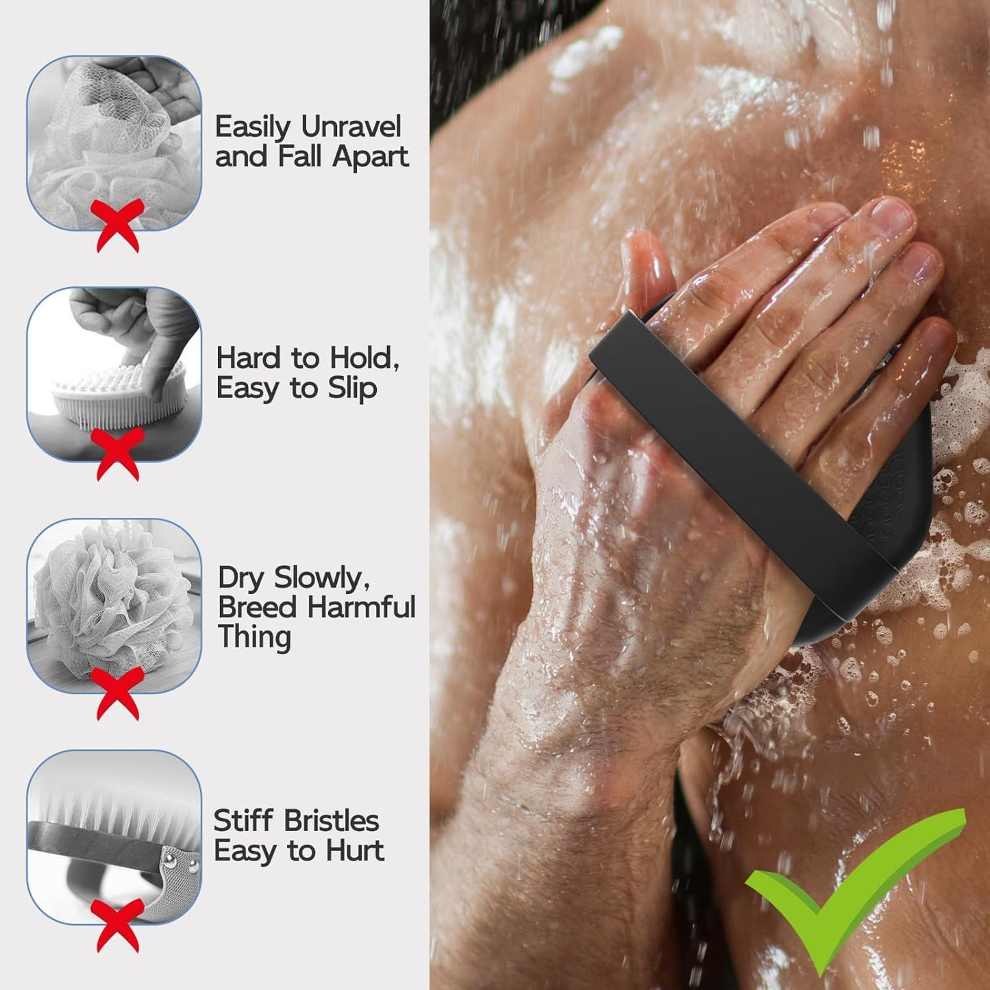 Silicone Body Scrubber, Exfoliating Body Wash Scrubbers Exfoliator, Shower Body Brush for Effective Showering Exfoliation and Gentle Massage (Black)