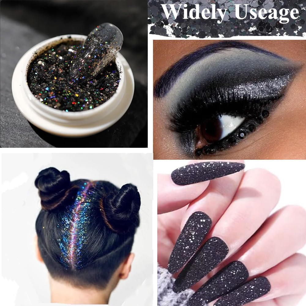 3 Boxes Black Nail Rhinestones with Fine Glitters Kit, 60Pcs Big Assorted Black Nail Gems with S6-S16 Flatback Round Stones,Crystals Nail Gem Stones for DIY Faces Body Crafts