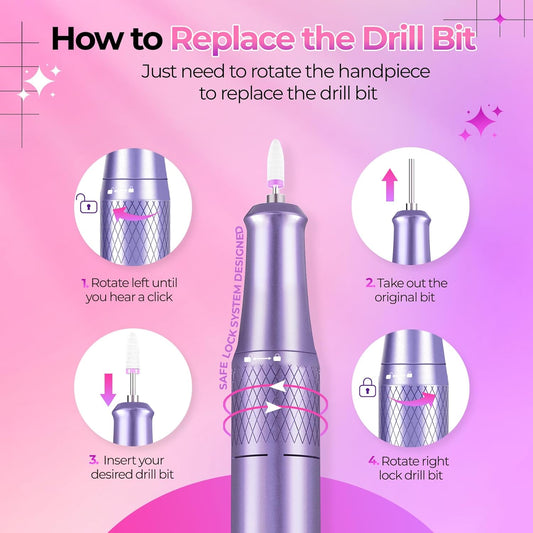 Nail Drill Electric File: 40000RPM Professional E File Kit E File Machine Filer for Shaping, Buffing, Removing Acrylic Gel Nails, Manicure Pedicure Kit with 12Pcs Nail Bits, Home Salon Use