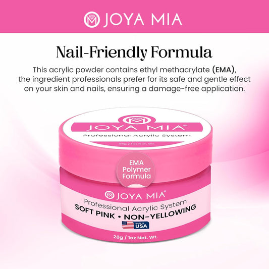 Joya Mia Acrylic Powder for Nails, MMA-Free, Super Adhesion Professional Powder for Flawless & Long-Lasting Nail Enhancements, Easy Application, Vibrant & Stunning Colors - Soft Pink, 1 oz
