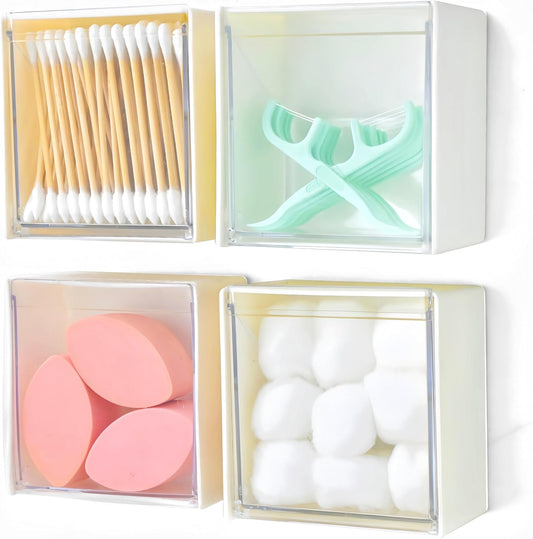 Qtip Holder Wall Mount for Cotton Swabs, Balls, Pads, Hair Ties,Floss Picks- Small Plastic Bathroom Wall Organizers and Storage Set,Bedside Shelf,Home Decor,Dorm Room Essentials (4)