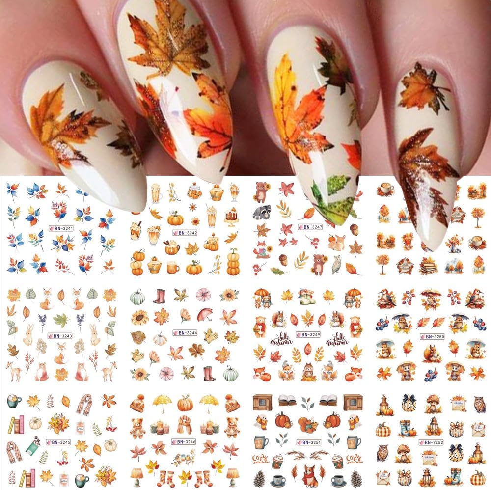 Fall Thanksgiving Nail Art Stickers Decals Autumn Maple Leaf Water Transfer Nail Foils Supplies Fall Pumpkin Squirrel Fox Mushroom Designer Nail Decals for Nail Art Thanksgiving Nail Art Decoration