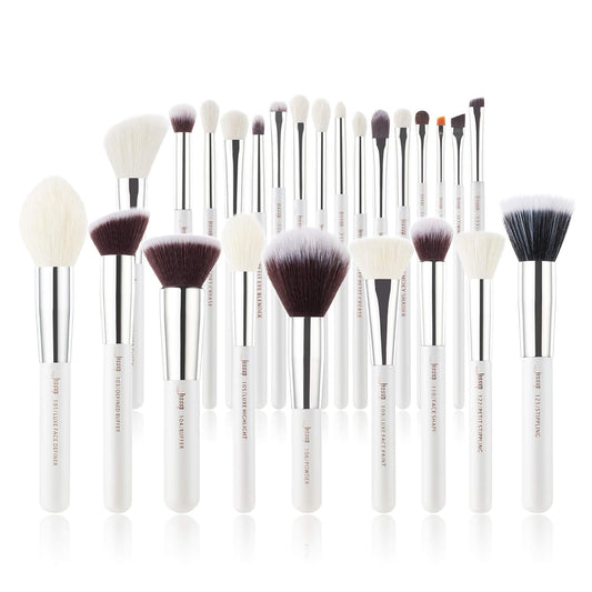 Jessup Brand 25pcs Professional Makeup Brush Set Beauty Cosmetic Foundation Powder Blusher Eyeshadow Blending Highlight Concealer Natural-Synthetic Hair Brushes Set (Pearl White/Silver)