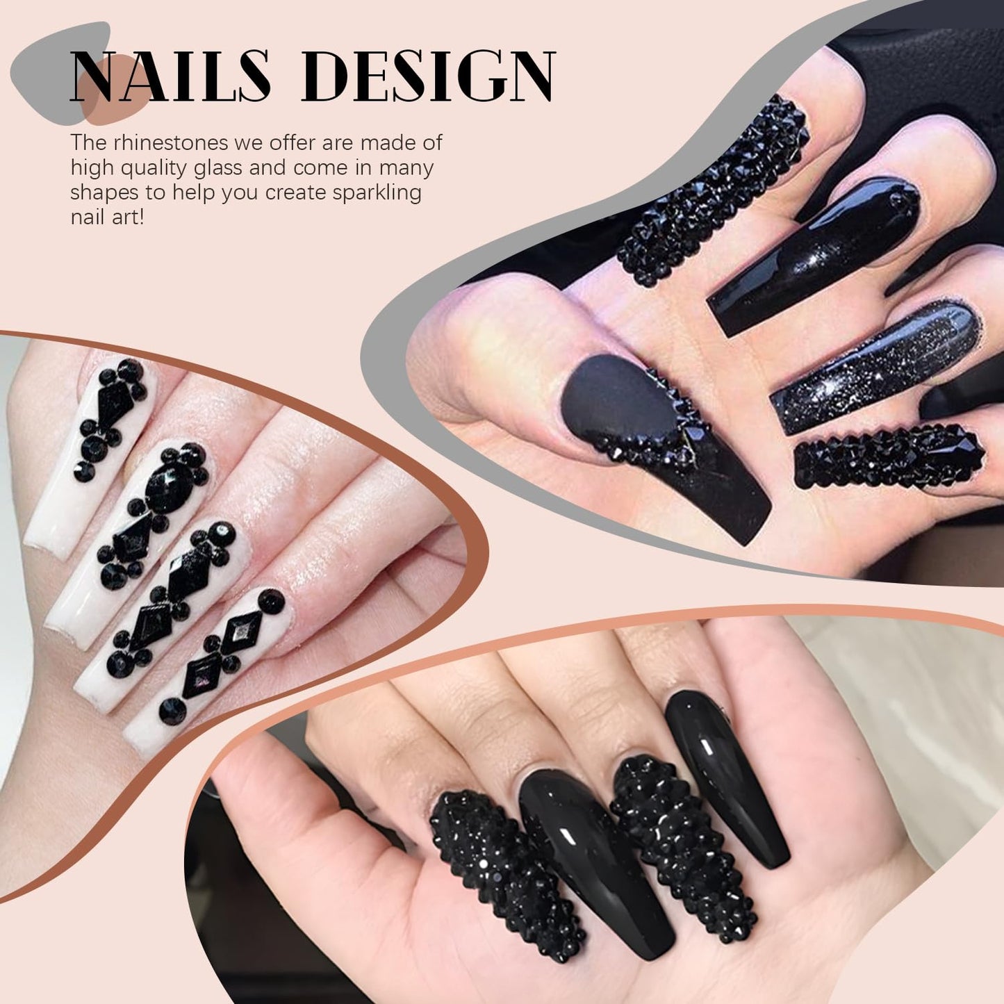 3220Pcs Black Glass Nail Rhinestones 120Pcs Multi Shapes Flatback Gems Crystal + 3100Pcs 1.5-4mm Round Beads, Manicure Diomand Jewelry Gemstones for Nail Design Makeup Acrylic Nails Decoration