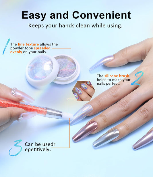 8Pcs Chrome Nail Powder BISHENGYF: Rose Gold Super Mirror Effect Nail Chrome Powder White Pearl Chrome Nail Powder with 1Pcs Silicone Nail Brush for Gel Nails DIY Gift for Women