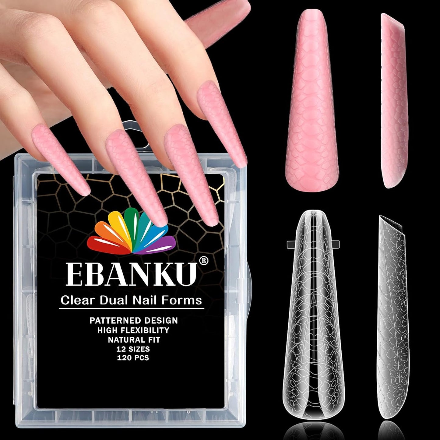 EBANKU Dual Forms for Poly Extension Gel, Poly Nail Forms Molds Stiletto Oval Nail Extension Tips for Gel Manicure Nail Art Design Salon&DIY-120PCS 3D Snake Pattern